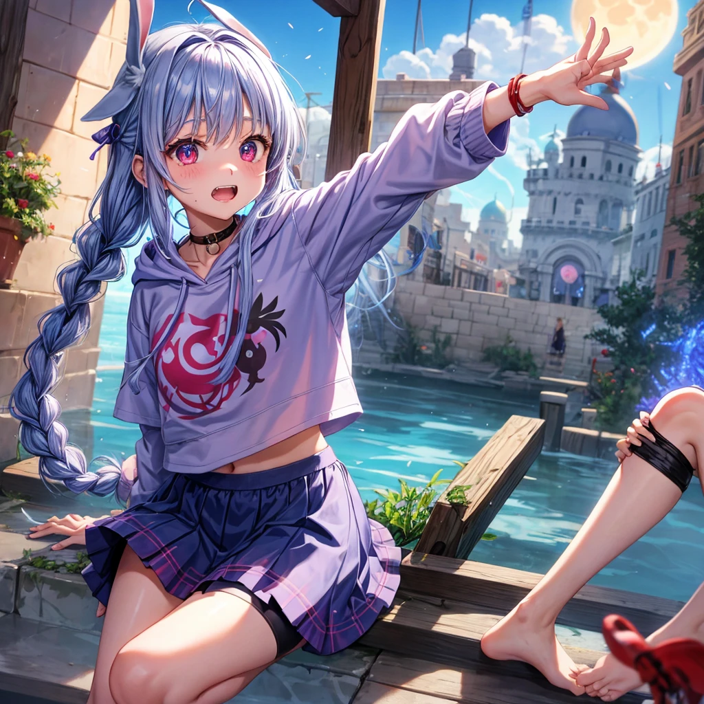 Blue-light purple hair、Red eyes、Braid、bandana、One cute girl、solo、And soul、Light clothing、Checked mini skirt、petal、Wet hair、black t-shirts、Rabbit Hoodie、large tree、cloud、Red full moon、desert、barefoot、Stones are piled up、Teeth are visible、Secret Treasure、Fortress City、Tilting face、Pedalling a bicycle