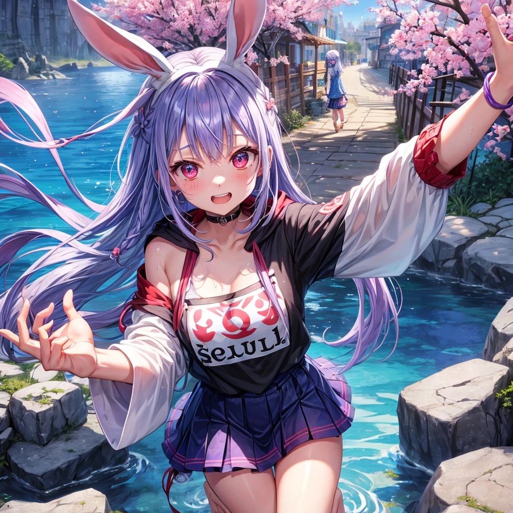 Blue-light purple hair、Red eyes、Braid、bandana、One cute girl、solo、And soul、Light clothing、Checked mini skirt、petal、Wet hair、black t-shirts、Rabbit Hoodie、large tree、cloud、Red full moon、desert、barefoot、Stones are piled up、Teeth are visible、Secret Treasure、Fortress City、Tilting face、Pedalling a bicycle