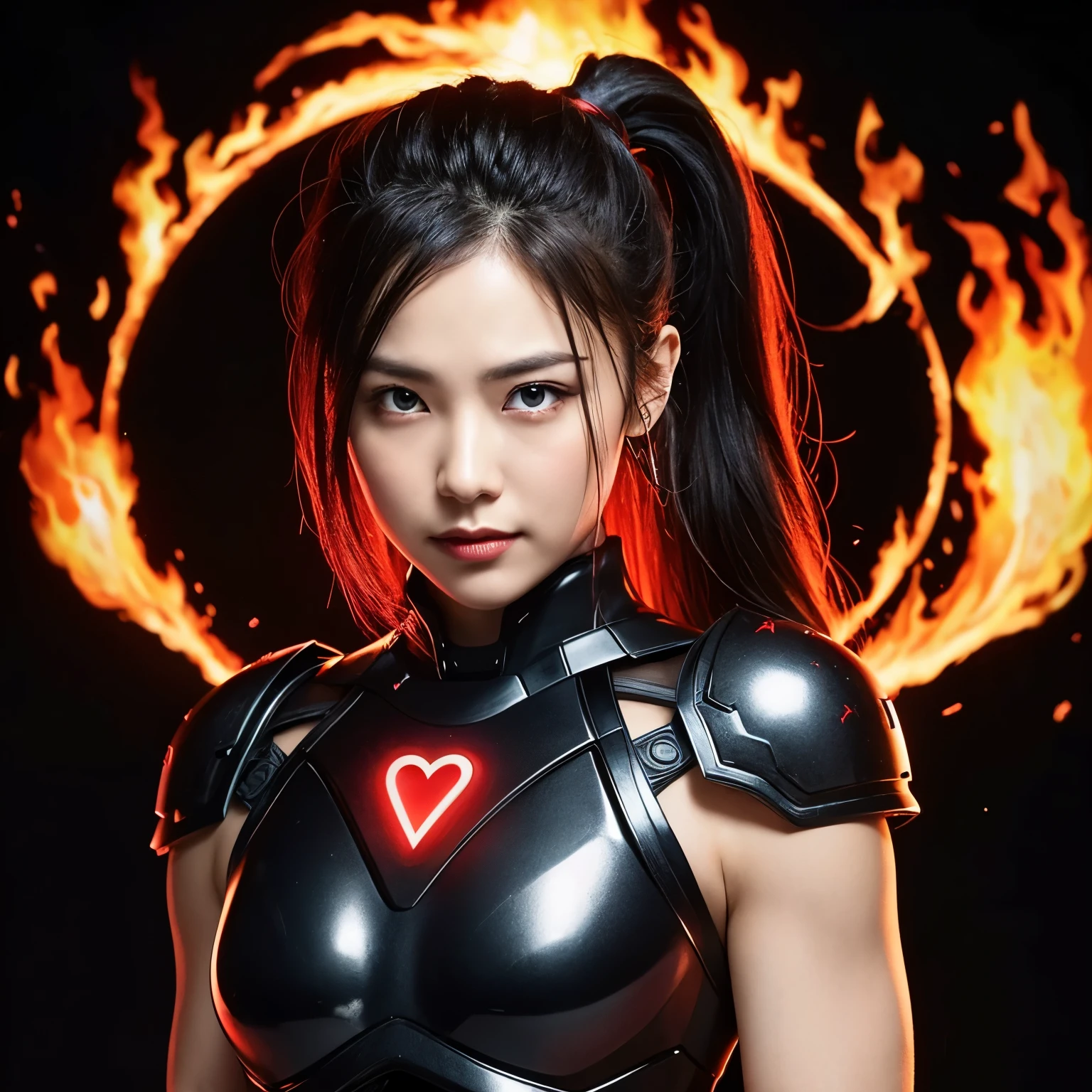 (Highest quality:1.2),(Metal band album cover artwork, Cyberspace on Fire),(Perfect Beautiful Face 1.2, A kind face, Cool look, Thick eyebrows, Strong-willed eyes, Invincible smile),(Perfect and beautiful posture:1.2),((Android female warrior, Heavyweight physique)), (((muscle))), (Her black hair in a ponytail flutters),Clear Eyes,((Burning heart logo, Red accent on black background:1.2, Cyber Armor, Exposing shoulders))