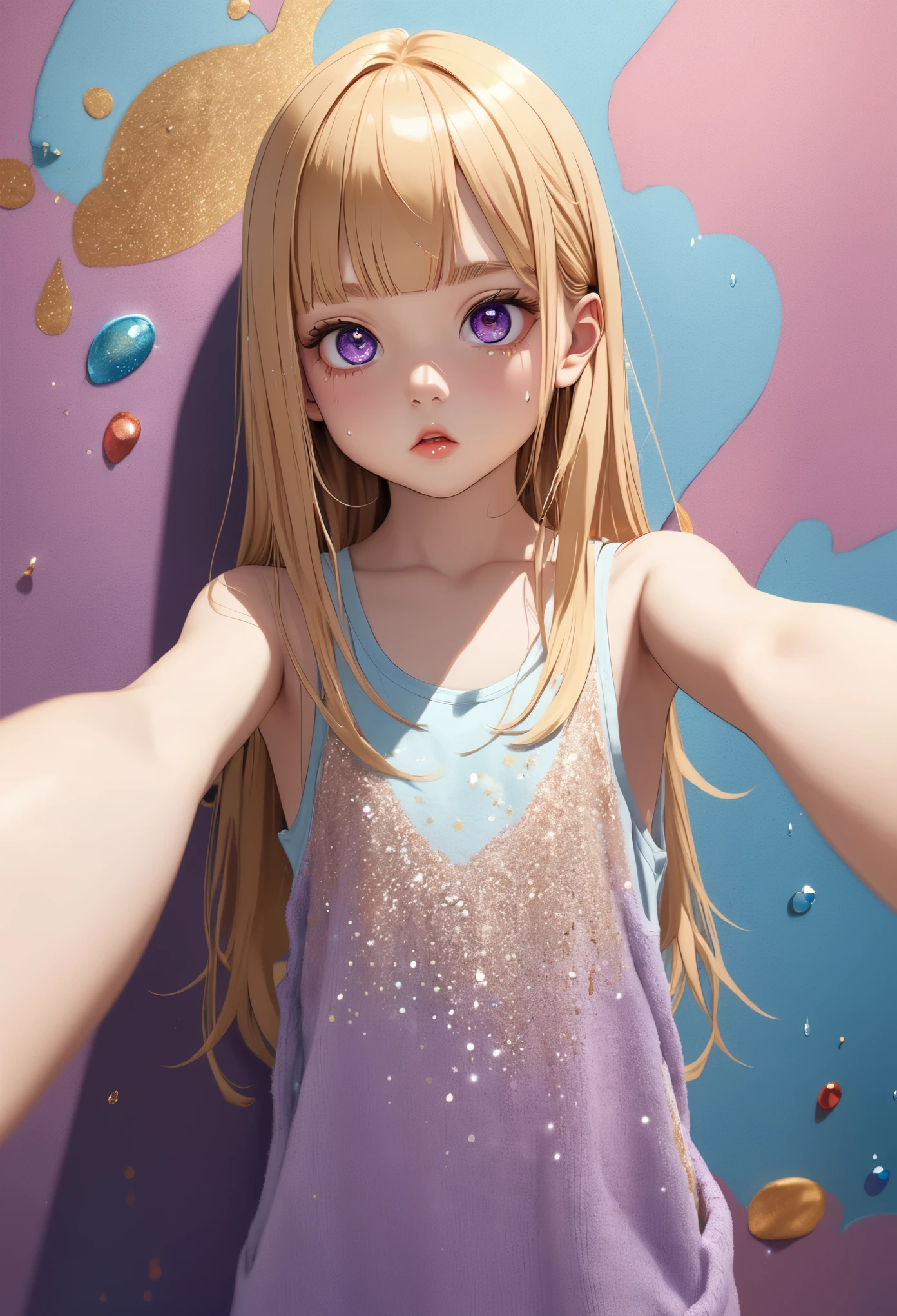 ((Masterpiece)), ((best quality)), (super detail:1.2), (High Definition:1.3), ((extremely detailed)), (8K), (Professional Photography:1.2), (very aesthetic:1.2), (absurdres:1.2), (sharp focus), (perfect light), (drop shadow), (()), cute young Girl, Glossy straight hair, (loose blunt bangs), blonde hair with red, ((red streaked hair)), highlights hair, ((face with raised eyebrow)), (glitter eyes), long hair, big eyes, colorful eyes, (Beautiful amethyst eyes), blush, ((droplet mouth)), cute cheeks, glossy lips, pouty lips, BREAK, ((best quality)), (Oversized loose Knit fabric tank top), (bare arms), Fine gemstone bracelet, ((reaching out arms)), (colorful), cute makeup, ((against the Pastel Old wall)), cute, (Beautiful Rose Art Wall),