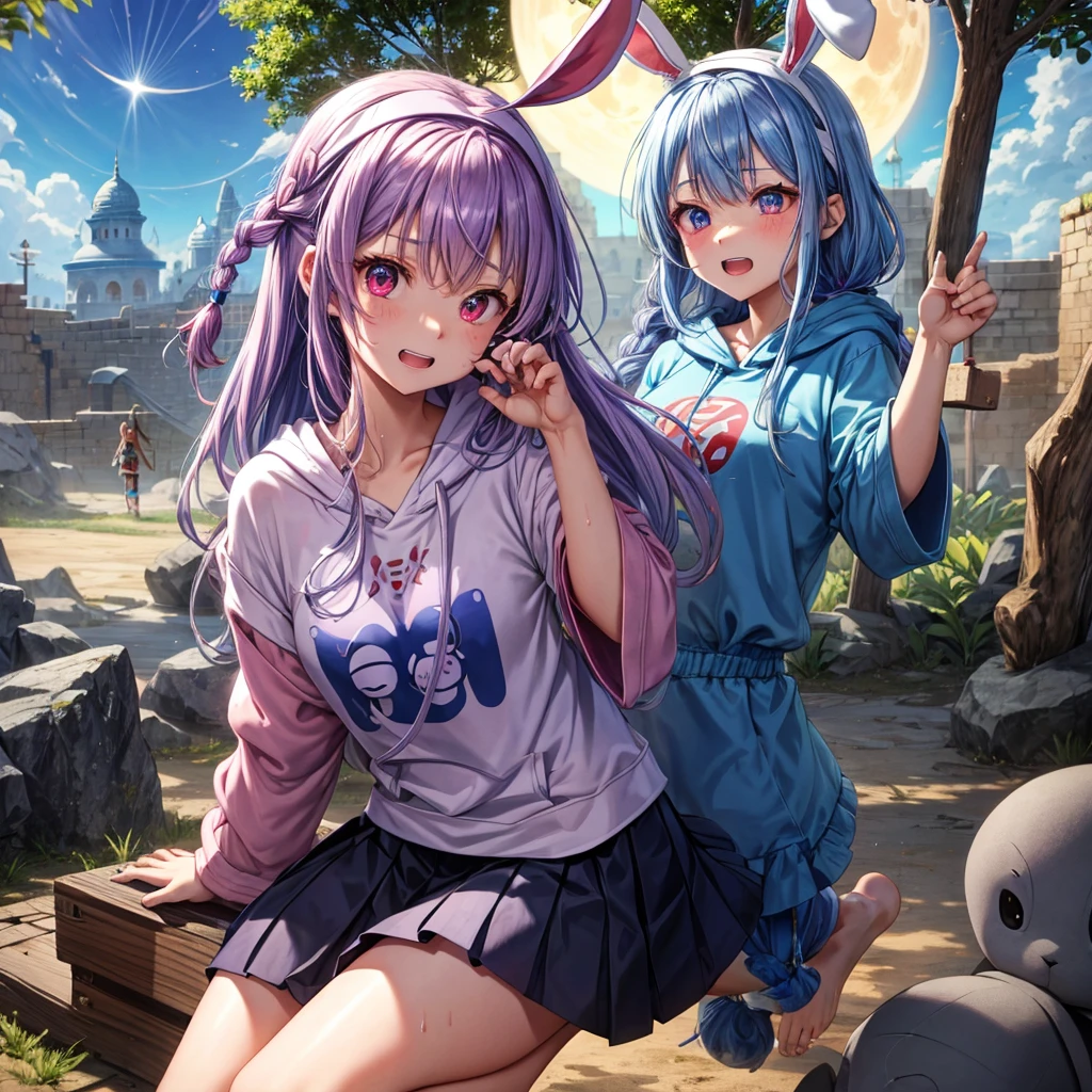 Blue-light purple hair、Red eyes、Braid、bandana、One cute girl、solo、And soul、Light clothing、Checked mini skirt、petal、Wet hair、black t-shirts、Rabbit Hoodie、large tree、cloud、Red full moon、desert、barefoot、Stones are piled up、Teeth are visible、Secret Treasure、Fortress City、Tilting face、Pedalling a bicycle