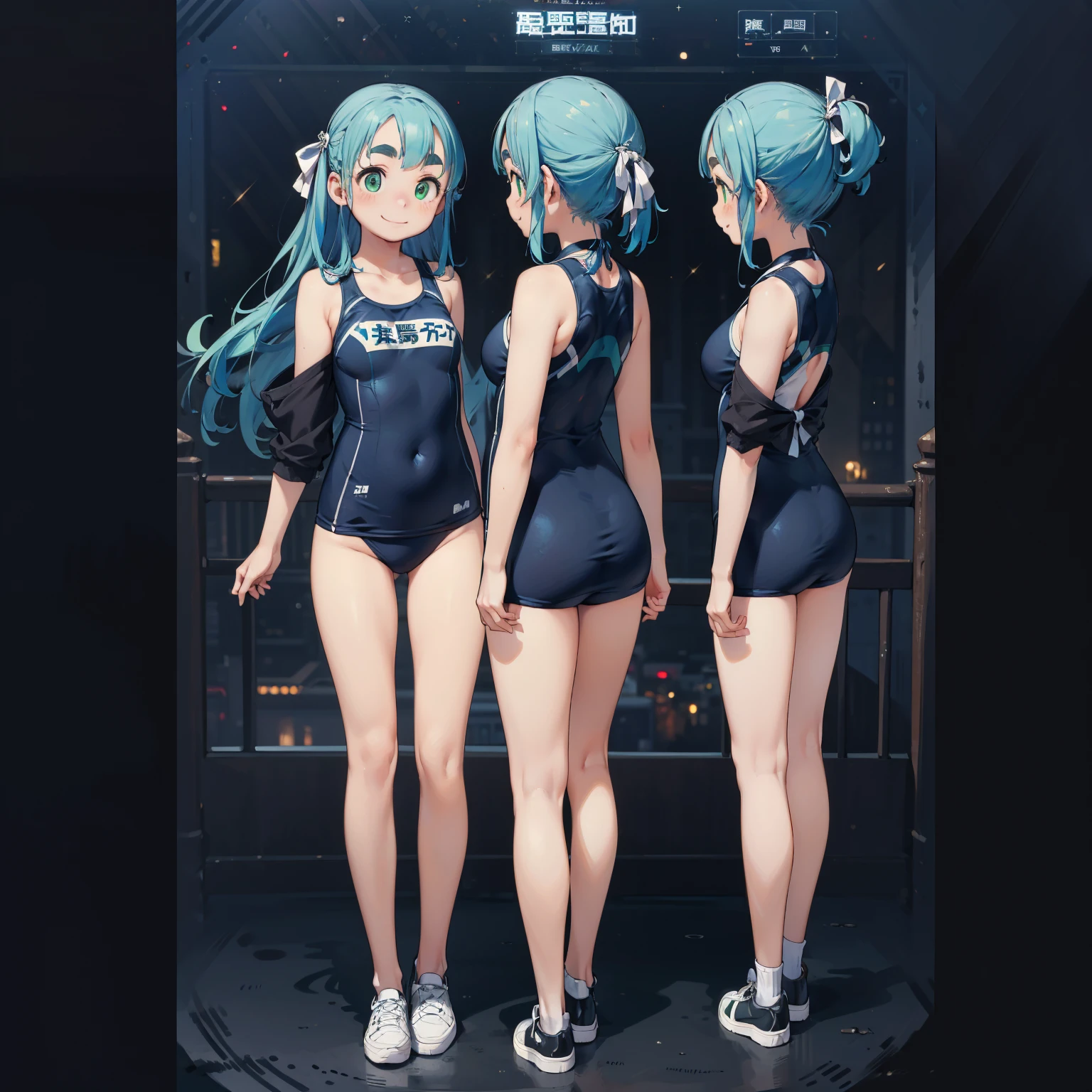 8K quality,(super masterpiece:1.3),Highest quality,Detailed Images,1 female,symmetrical beauty,10th Generation,Medium build,Mr.々Sketch,multiple views,(smile,smile),(Light blue hair,Long Hair,Big ribbon on the back of the head),(Thick eyebrows,Thick eyebrows),(Droopy eyes,Green Eyes,Green Eyes,Bright Eyes),(Large Breasts,F cupの胸),Tan Skin,(School Swimsuit),(Draw the whole body,Draw left direction,Draw right direction,Draw a back view),(Face directly towards the camera,Looking directly at the viewer,looking at the camera,The body faces the viewer,The body is facing the direction of the camera,Face looking straight into the camera).