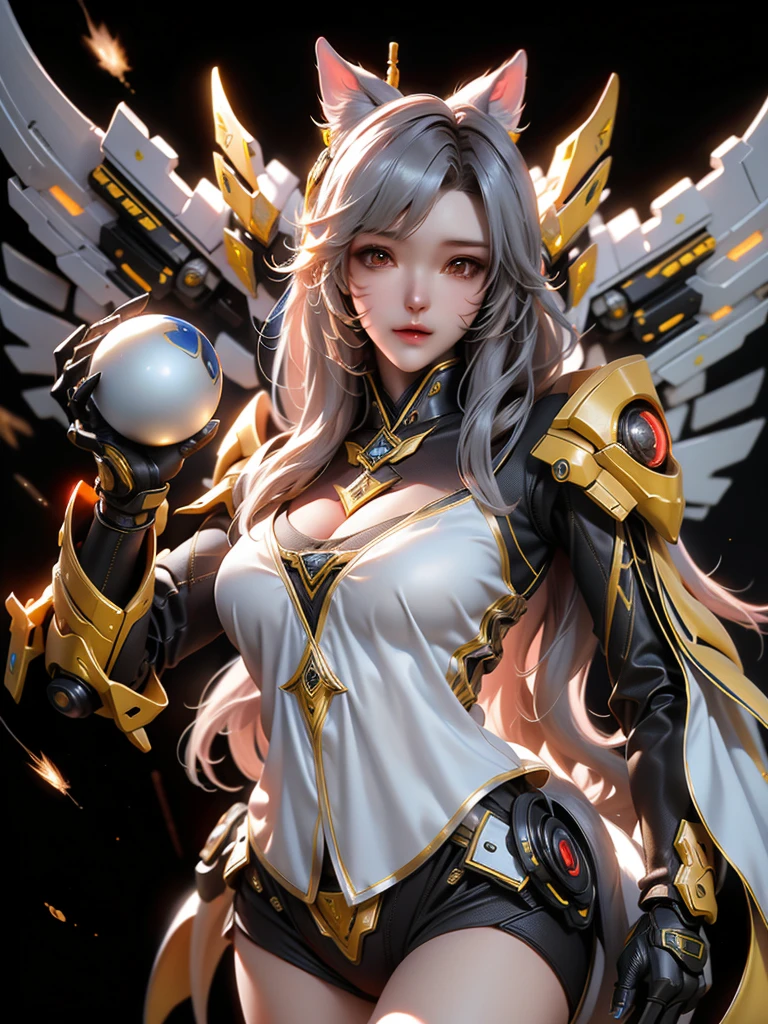 Female black and yellow mech sculpture,The mech is rich in detail,Mechanical skin texture,Silver robot wing detail,Silver lightning ball,holding knives,Explosive effect,Looking Up The Sky