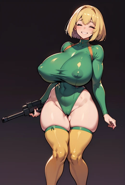 Young girl, Pullover, yellow high cut leotard , whole body to see, smile showing teeth, closed eyes, Bob hair , (( very wide hips)), (((colossal Thighs, gigantic thighs, very huge thighs, very big thighs))), fullbody, platform heels, tanned , brown skin, big breast, gun, soldier girl , leg garter, standing, front pose, blonde, Cyberpunk