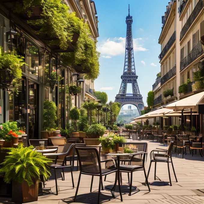 Paris cafe, Ultra-realistic, street, drinks on table, Chair, Potted plants、You can see the Eiffel Tower in the distance。High quality images、8k、