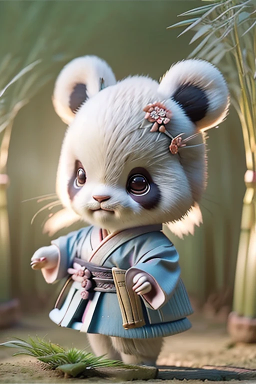 Highest quality, Ultra-high resolution, (Realistic:1.4), RAW Photos, (panda:1.1), Japanese style, kimono, Rin々Shii, Samurai, bamboo forest, Feel the wind, front, Standing posture, Small and cute, Little Panda