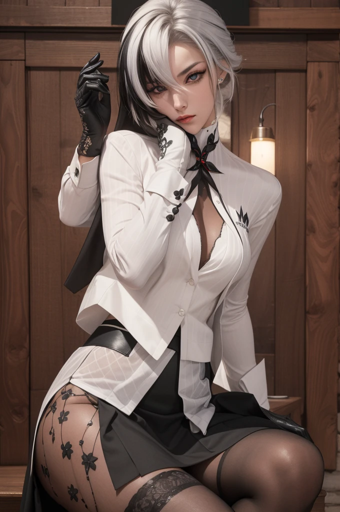 1girl, solo, white hair, black hair, multicolored hair, black eyes, x-shaped pupils,
BREAK (({Black business suit:1.40},{tie:1.20},{White gloves:1.15},{ White shirt:1.10}, {Black Skirt:1.15}, good looking:1.5))
BREAK expressionless, 
BREAK (masterpiece:1.2), best quality, high resolution, unity 8k wallpaper, (illustration:0.8), (beautiful detailed eyes:1.6), extremely detailed face, perfect lighting, extremely detailed CG, (perfect hands, perfect anatomy),