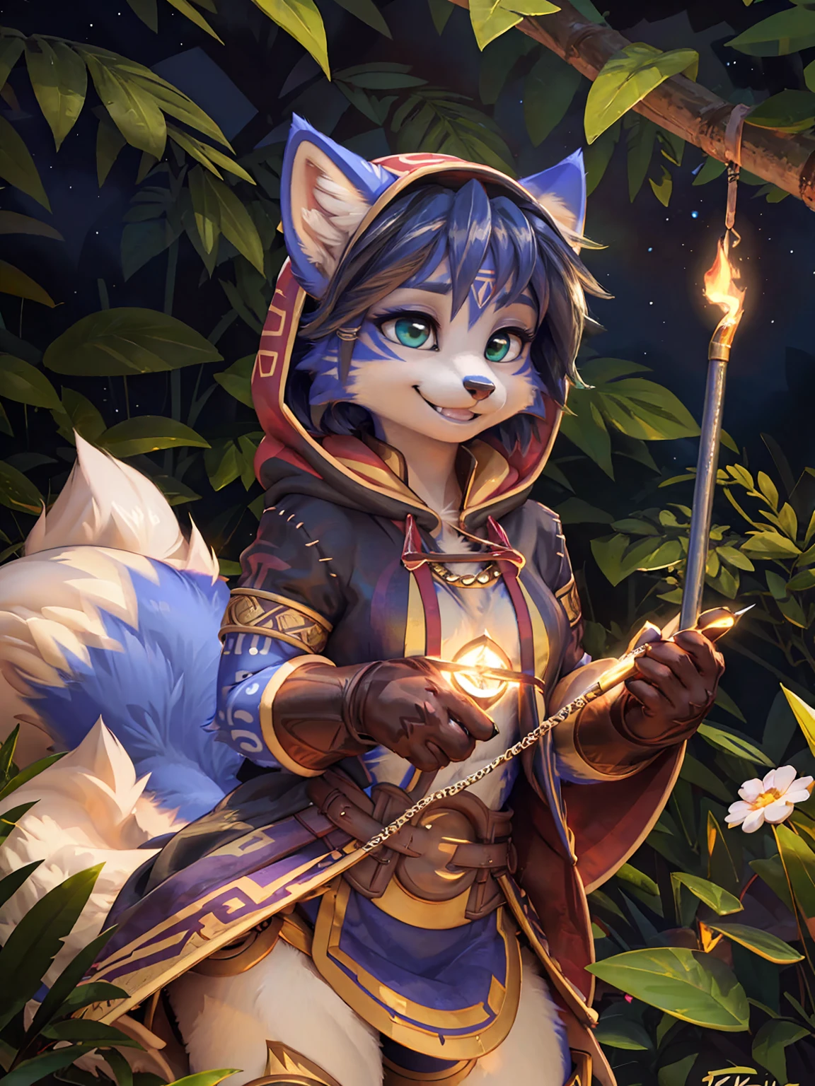 A beautiful and detailed (sweet picture) wa ((krystal)), Star Fox Krystal, sslim, lovable, green eyes, medium breasts, (((Long blue hair 1.3))),  ((black hair tips)), Decollete, grin, look up,, anthro, furry, Uploaded E621, detailed fluffy fur, (wa Fluff-Kevlar, Bayard Wu, personalize me, Pino Daeni), detailed face, (fluffy), 1 girl, alone,  Tribal clothing, sweet girl, alone, mage, gown, hood, Hose, gloves, 