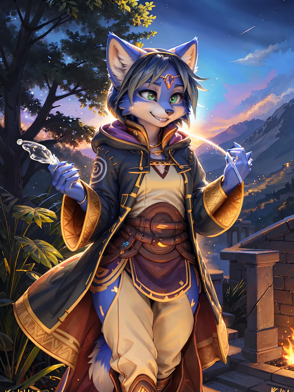 A beautiful and detailed (sweet picture) wa ((krystal)), Star Fox Krystal, sslim, lovable, green eyes, medium breasts, (((Long blue hair 1.3))),  ((black hair tips)), Decollete, grin, look up,, anthro, furry, Uploaded E621, detailed fluffy fur, (wa Fluff-Kevlar, Bayard Wu, personalize me, Pino Daeni), detailed face, (fluffy), 1 girl, alone,  Tribal clothing, sweet girl, alone, mage, gown, hood, Hose, gloves, 