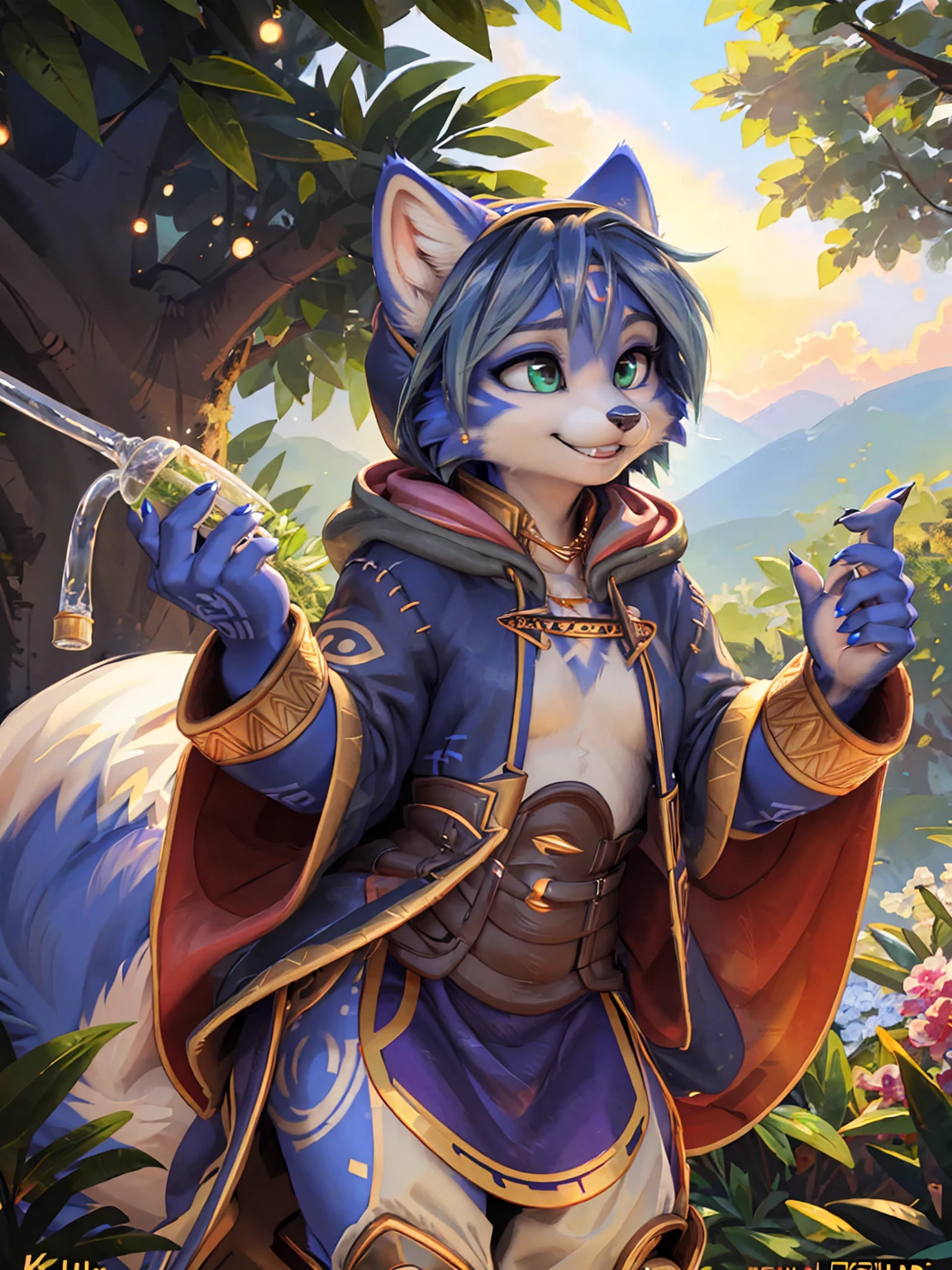 A beautiful and detailed (sweet picture) wa ((krystal)), Star Fox Krystal, sslim, lovable, green eyes, medium breasts, (((Long blue hair 1.3))),  ((black hair tips)), Decollete, grin, look up,, anthro, furry, Uploaded E621, detailed fluffy fur, (wa Fluff-Kevlar, Bayard Wu, personalize me, Pino Daeni), detailed face, (fluffy), 1 girl, alone,  Tribal clothing, sweet girl, alone, mage, gown, hood, Hose, gloves, 