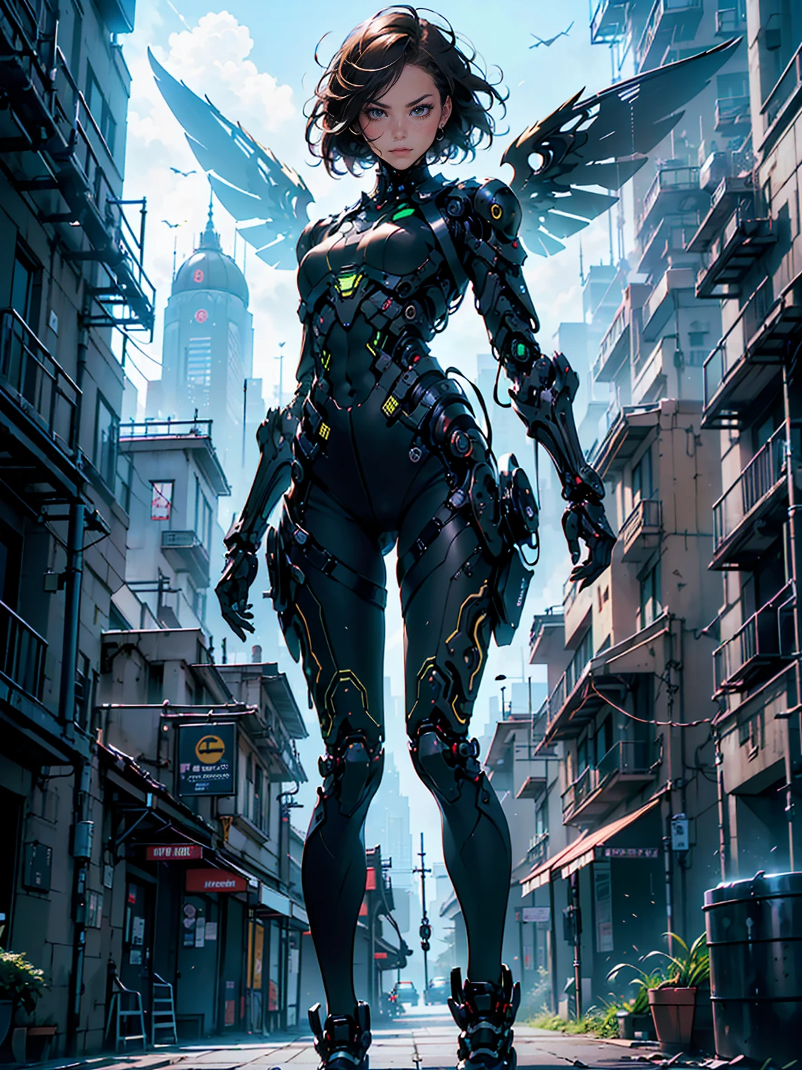 ((woman, small bust, short hair, brown hair, black eyes, full body, fighting pose)), Mechanobiology:1.5,(Highest quality,Extremely detailed depiction,Incredibly absurd high resolution,Anatomically accurate depiction),Female type,Highly precise machine,Black futuristic exoskeleton, ((Mechanical wings,Mechanical thrusters,Flying in the sky)), city