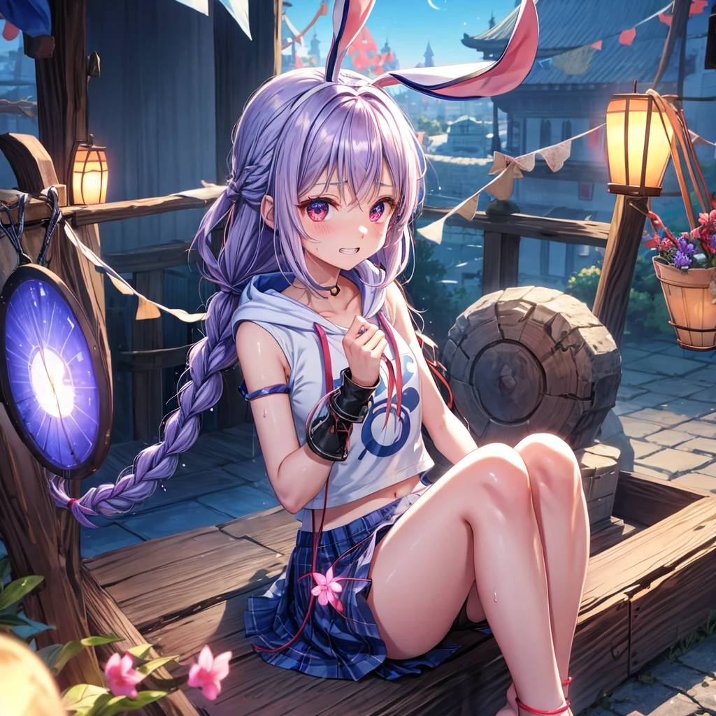 Blue-light purple hair、Red eyes、Braid、bandana、One cute girl、solo、And soul、Light clothing、Checked mini skirt、petal、Wet hair、black t-shirts、Rabbit Hoodie、large tree、cloud、Red full moon、desert、barefoot、Stones are piled up、Teeth are visible、Secret Treasure、Fortress City、Tilting face、Pedalling a bicycle