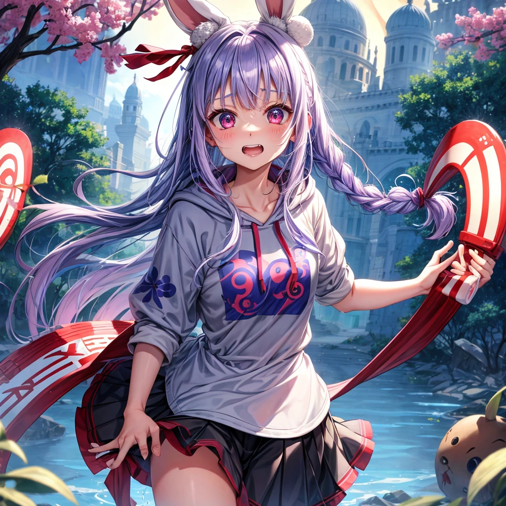 Blue-light purple hair、Red eyes、Braid、bandana、One cute girl、solo、And soul、Light clothing、Checked mini skirt、petal、Wet hair、black t-shirts、Rabbit Hoodie、large tree、cloud、Red full moon、desert、barefoot、Stones are piled up、Teeth are visible、Secret Treasure、Fortress City、Tilting face、Pedalling a bicycle