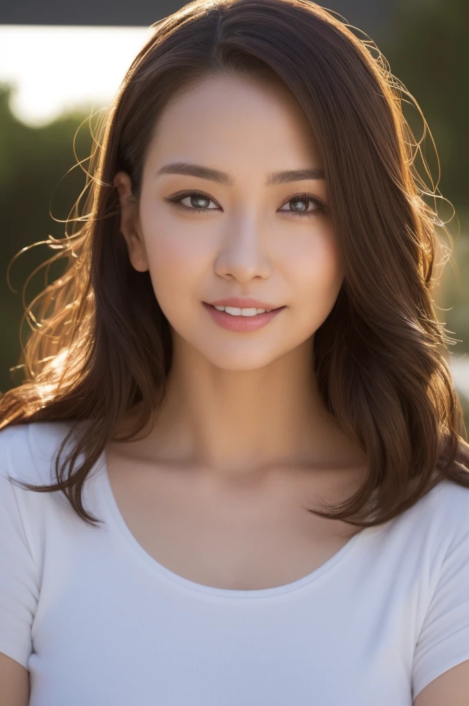 Brown-haired woman 30 years old、unclean、Lens flare、(8K、born、professional、highest quality、masterpiece:1.2)、(realistic、Photoreal:1.37)、super detailed、(best detailed skins:1.2)、(Supreme Detail Face:1.2)、movie lighting、1 female、Japanese、Short-cut brown hair、(the wind is strong)、warm white light、shy smile、Photographed from the front、((highest quality、8K、masterpiece:1.3))、beautiful woman with perfect figure:1.4、、((dark brown hair、big breasts:1.2))、Highly detailed face and skin texture、detailed eye、double eyelid、big breasts、gender Wearing a plain white round neck T-shirt Tokyo city whole photo Cafe