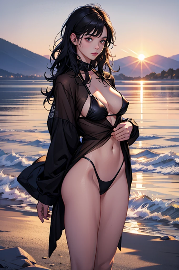 NSFW、((rattling toes))、top quality、masterpiece、Super high resolution、8k、(realistic:1.4)、RAW photos、1 girl、black hair、shiny skin、wet body、dramatic writing、full body esbian、female dog、Black Micro Bikini、big、at sunset