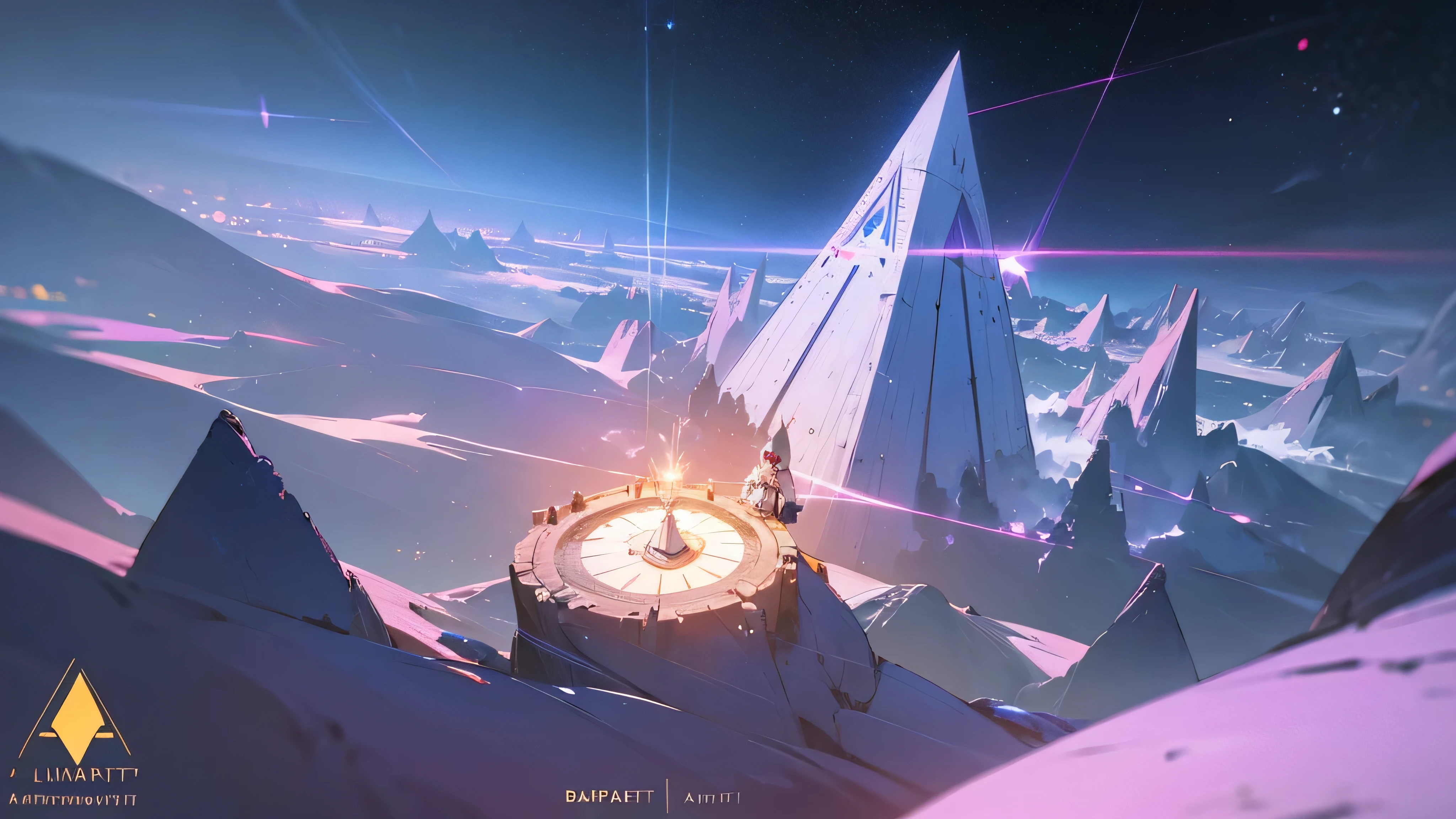 blurred image of a man on a mountain with a pyramid in the background, concept art inspired by Beeple, featured on polycount, Lumiere and space, main art, Destiny 2, Destiny, game main art, bungie, beautiful and cinematic Lumiereing, bright cinematic key Lumiereing, beyond visible Lumiere, beautiful Lumiereing uhd, Lumiere, Destiny art, seen from space, elements such as ships and portals in art
