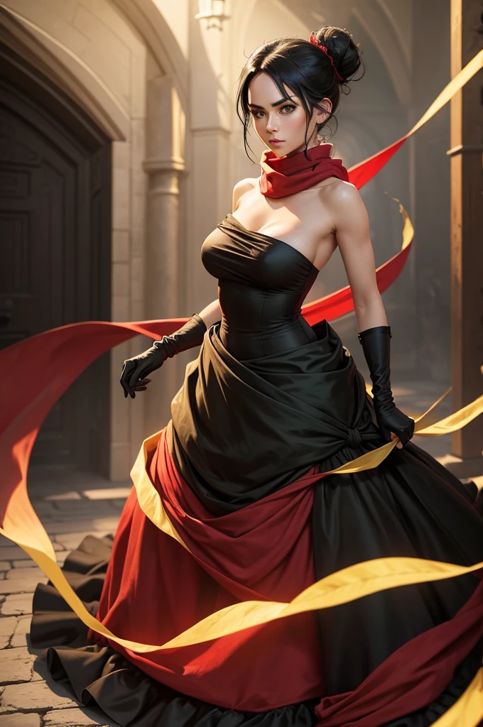 fullbody view, female, intense green eyes, black hair tied to a bun, strapless full dress, red scarf around her neck, long silk gloves, a fabric is wrapped around her waist