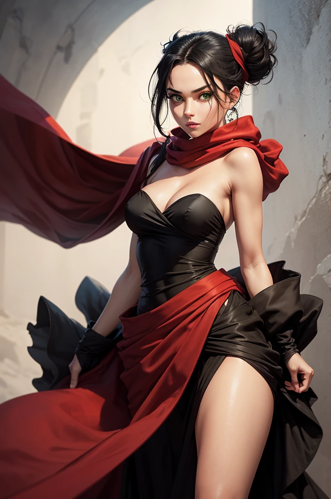 fullbody view, female, intense green eyes, black hair tied to a bun, strapless full dress, red scarf around her neck, long silk gloves, a fabric is wrapped around her waist