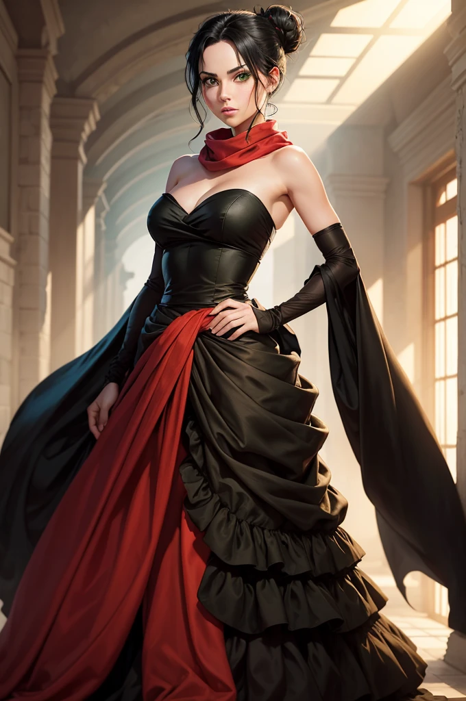 fullbody view, female, intense green eyes, black hair tied to a bun, strapless full dress, red scarf around her neck, long silk gloves, a fabric is wrapped around her waist