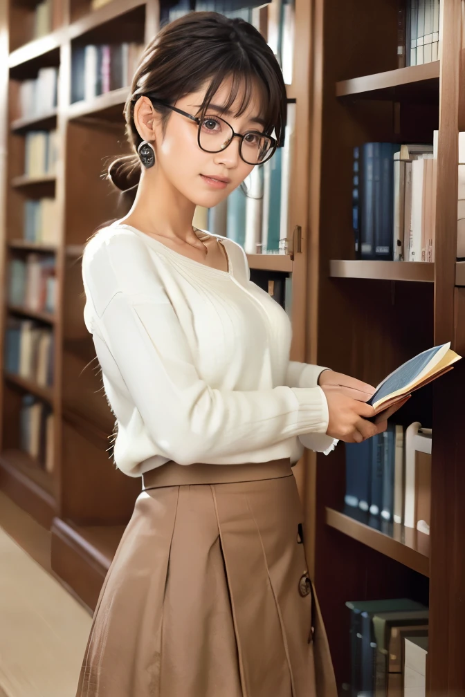 (8k, RAW photo, best quality, masterpiece), (photo realistic), outstanding details, ultra-high resolution, anatomically correct, textured skin, (Extremely precise and accurate anatomy),
Ultra Detailed Face, Detailed Eyes, detailed glasses,  

A cute Japanese girl, Carrying a few books in the library, 

(looking at viewer:1.4), 
(fearless smile:0.1),  (Mouth slightly open),
(chignon:1.4), low chignon, (Small cute nose:1.2) , (small cute mouth:1.2), 

white simple summer sweater,
dark brown hair, Forehead, 
(simple cotton flared skirt:1.4) , Light brown skirt, long length skirt, 
Earrings, Necklace, 

(background Spacious library interior, many bookshelves), 
(backlighting), 
reflection light from below, 
atmospheric perspective, depth of field, 
(dramatic lighting), cinematic lighting, 
