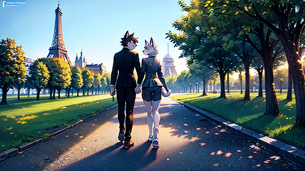 An anthropomorphic husky walking with an anthropomorphic black cat. They are holding hands, walking in a park in paris. In the background you can see the Eiffel Tower and several trees. Natural daylighting.