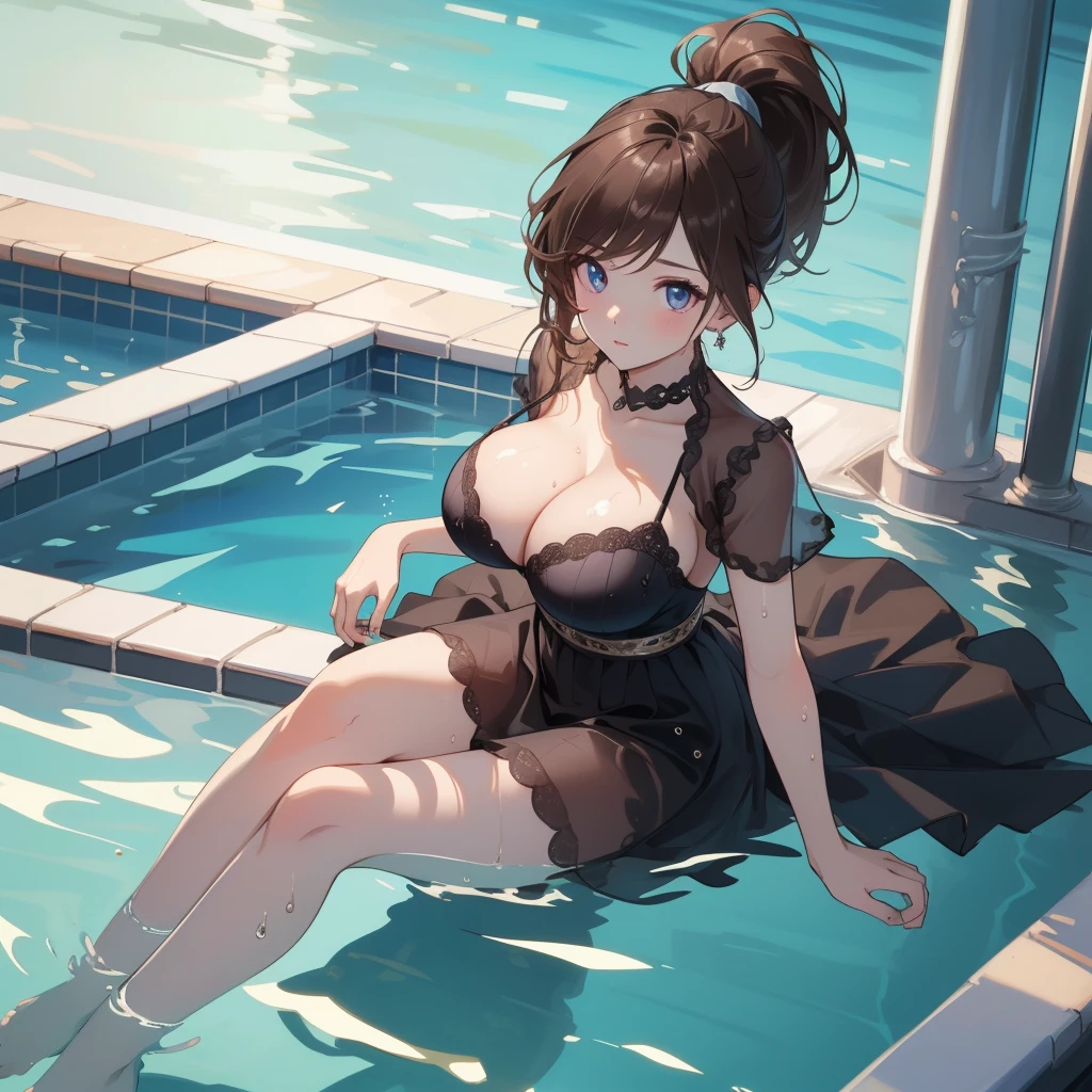 ((Highest quality, 8k, masterpiece :1.3)), One girl, 
Beautiful woman :1.3, (Dark brown hair, ponytail, Huge breasts :1.2), Wet body:1.2, Pool, Highly detailed face, Detailed eyes, double eyelid, Full body hip-raising pose , Above Knee Pose, Look forward , Various shot angles 