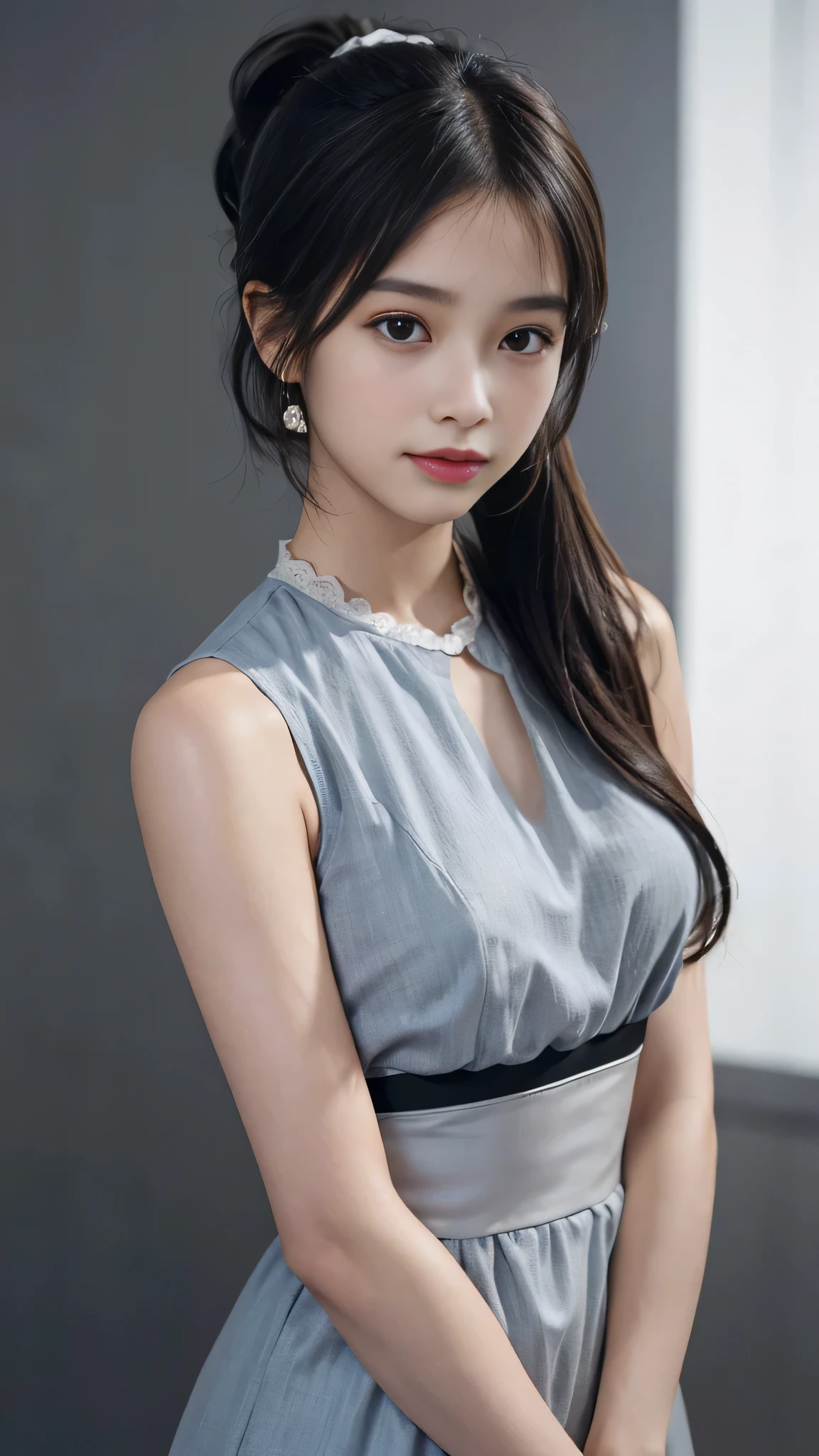 Bust Shot,Commercials for luxury cosmetics style,Commercial filming studio,The background is all gray,The Skyblue dress features a sleeveless, fitted bodice with a decorative ribbon,The background is all gray,The highest image quality, High quality, the background is clear,Beautiful woman, Japanese,Ultra-detailed, finely detail, hight resolution, 8k Wallpaper, Perfect dynamic composition, Beautiful detailed eyes , Detailed, Detailed eyes, Detailed skin, Beautiful skin, 超hight resolution, (reality: 1.4),Very beautiful woman, Slightly younger face, Beautiful skin, Slender, (Ultra photo realsisim), (hight resolution), (8k), (Very detailed) (beautifully detailed eyes), (super detailed), (Detailed face), view the viewer, Fine details, Detailed face, Staring straight ahead, Staring straight ahead, photos realistic, Bright lighting, Professional Lighting, Black hair,poneyTail,a baby face,sixteen years old,Hairstyle: ponytail,Long ponytail hairstyle,slight smile,Beautiful Japanese KPOP idol photo, hair style is ponytail, my eyes are double and wide, baby face, smile and look straight ahead, Slender, small breasts,