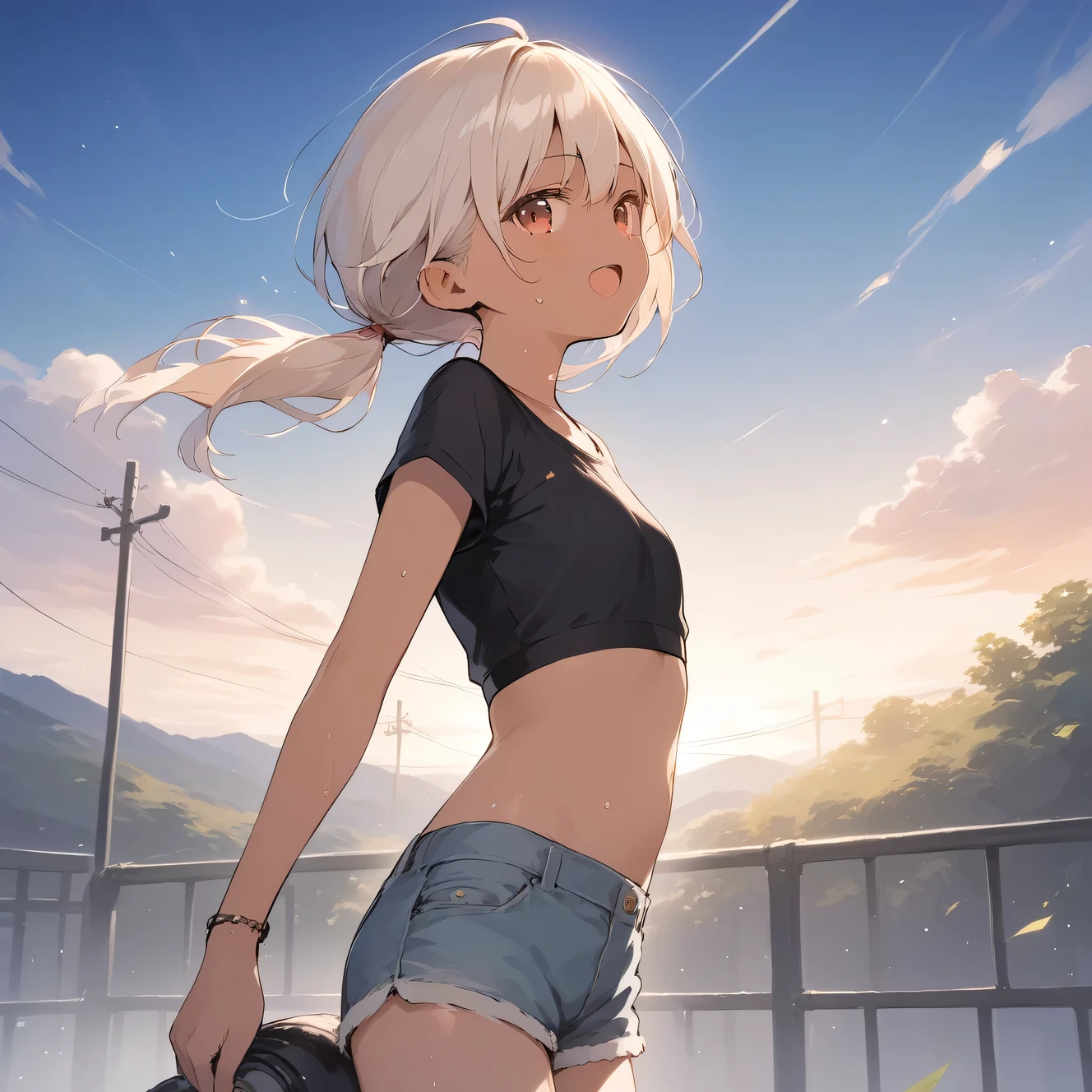 score_9, score_8_up, score_7_up, source_anime, best quality, masterpiece, official art, absurdres, highres, ultra-detailed,waifu2x,Collection: Slice of Life,break,1girl, tomboy, dark-skinned female, short hair, low ponytail, flat chest, beautiful detailed eyes, shorts, sweat, open mouth, (yawn:0.3), sleepily, outdoors, wind,break,(clear line illustration:1.2), super detailed skin,very high resolution, very aesthetic, Best sexual lighting powered by famous artist, 8k,cute picture,beauty illustration,photoshop_(medium),,(Detailed Lighting),best anime 8k konachan wallpaper, pixiv contest winner,