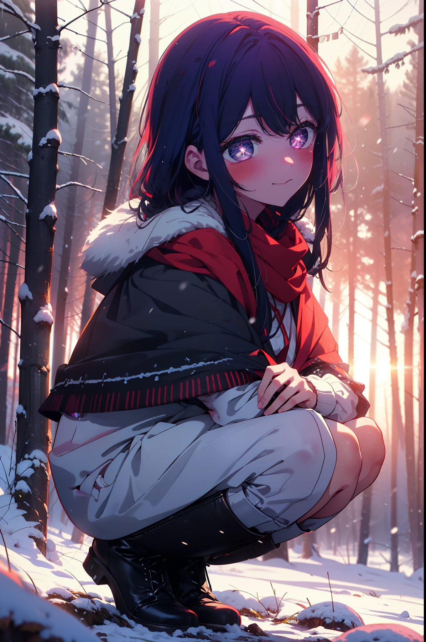 aihoshino, Ai Hoshino, Long Hair, bangs, (Purple eyes:1.1), Purple Hair, (Symbol-shaped pupil:1.5), smile,,smile,blush,white breath,
Open your mouth,snow,Ground bonfire, Outdoor, boots, snowing, From the side, wood, suitcase, Cape, Blurred, , forest, White handbag, nature, Squat, Mouth closed, Cape, winter, Written boundary depth, Black shoes, red Cape break looking at viewer, Upper Body, whole body, break Outdoor, forest, nature, break (masterpiece:1.2), Highest quality, High resolution, unity 8k wallpaper, (shape:0.8), (Beautiful and beautiful eyes:1.6), Highly detailed face, Perfect lighting, Extremely detailed CG, (Perfect hands, Perfect Anatomy),