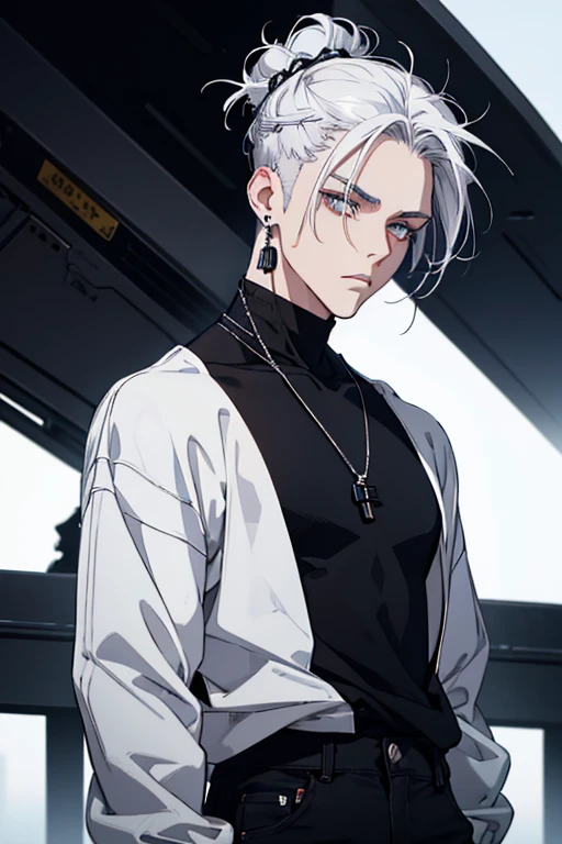 Anime man gradient young white hair low on shaved sides turns hair bun to the left side in the middle serious face with black earrings black sweatshirt Speed jeans futuristic clothes black dark circles under his eyes big black hair big brown hair extremely futuristic clothes futuristic clothes futuristic sweatshirt black skinny jeans male