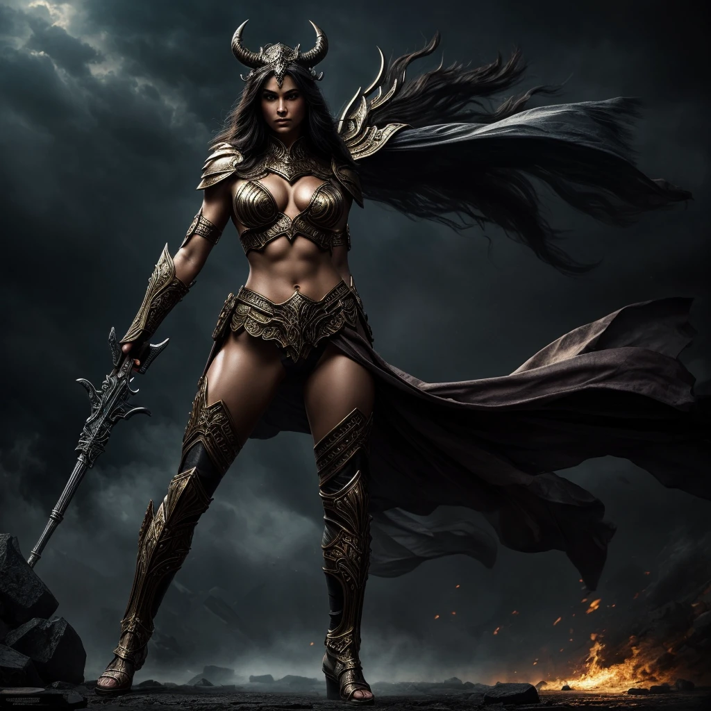 masterpiece, best quality,adult,A goddess of war with glowing eyes, magical tattoos, battle scars on her skin, and a mystical bloodied weapon in her hand, standing in a powerful pose with intricately designed mythic motifs on her armor, against a chaotic battlefield illuminated by otherworldly light, with fallen enemies at her feet