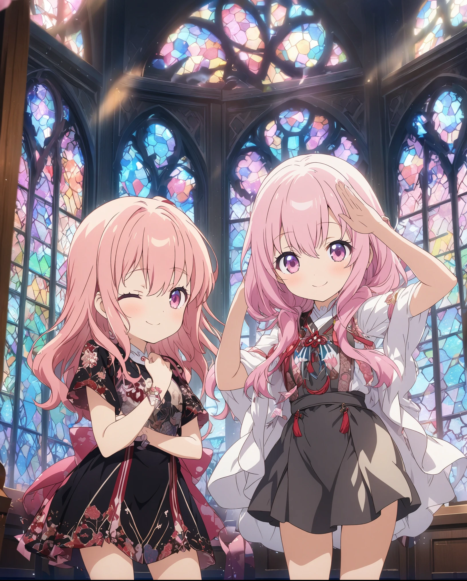 Twin girls, masterpiece, Highest quality, Highly detailed CG Unity 8K wallpapers, High  Girl Anime Illustration, Costumes with Japanese patterns、salute、she has her eyes closed and mouth open, smile. Stained glass background, Pink Hair Color, Pink Eyes, Pink eyelashes, Cowboy Shot, morning, Bokeh, (Soft Focus):1.2, Out of focus highlights, Dreamy atmosphere, Fascinating Depth, chibi, Fantasy