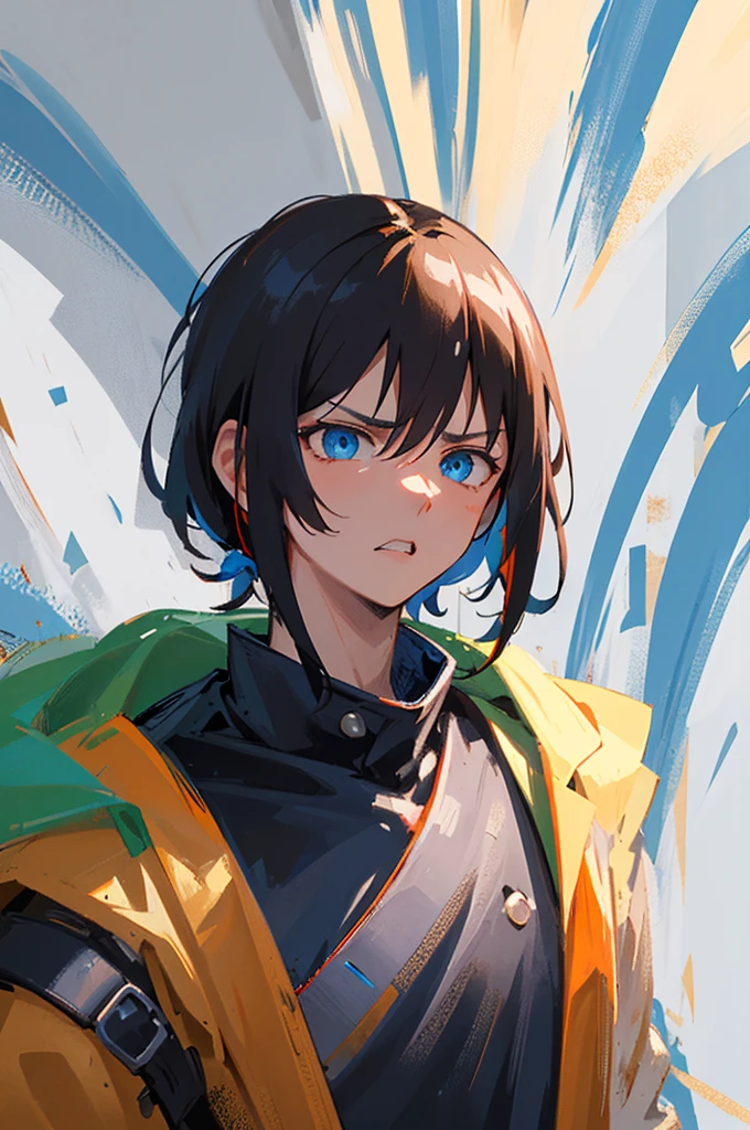 [[[[[1 man]]]]] [[[[boy]]]]ultra closeup, Only the upper body is visible, portrait, 1 man, boy, Japanese samurai concept, Wearing techwear clothes, wandering warrior, Ninja, looks bad-tempered, Looks unlucky, looking cocky, black and hair, head with orange highlights, Blue Eyes