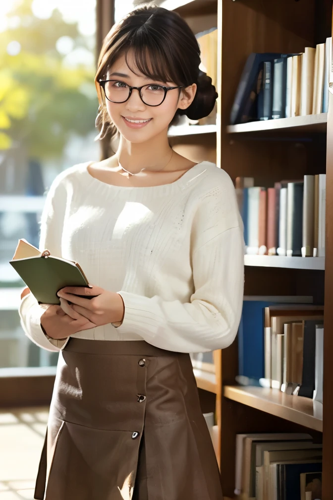 (8k, RAW photo, best quality, masterpiece), (photo realistic), outstanding details, ultra-high resolution, anatomically correct, textured skin, (Extremely precise and accurate anatomy),
Ultra Detailed Face, Detailed Eyes, detailed glasses,
A cute Japanese girl, Carrying a few books in the library,
(looking at viewer:1.4),
(fearless smile:0.1), (Mouth slightly open),
(chignon:1.4), low chignon, (Small cute nose:1.2) , (small cute mouth:1.2),
white simple summer sweater,
dark brown hair, Forehead,
(simple cotton flared skirt:1.4) , Light brown skirt, long length skirt,
Earrings, Necklace,
(background Spacious library interior, many bookshelves),
(backlighting),
reflection light from below,
atmospheric perspective, depth of field,
(dramatic lighting), cinematic lighting,