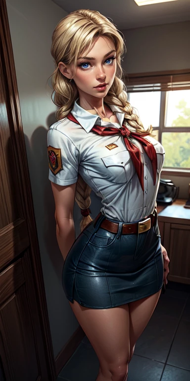 detailed eyes, (full body shot:1.2), 8 K, (skinny body:1.2), lush, (hands behind your back:1.2), seductive pose, (I look at the viewer, 8 K vector photography, young , beautiful eyes, realistic lighting, detailed outfit, realistic facial features, hyperdetailing, (Ideal Angle, Focus on the face, hips and chest)), (Very long hair:1.3), long braids, medium sized breasts, pioneer neckerchief, micro blue skinny skirt, bang, clavicle, very tight white shirt, Short sleeves, collared shirt, belt, eyelashes, red neckerchief, chest pocket, looks like a sex doll, Maryaria, Very blonde hair, big Blue eyes