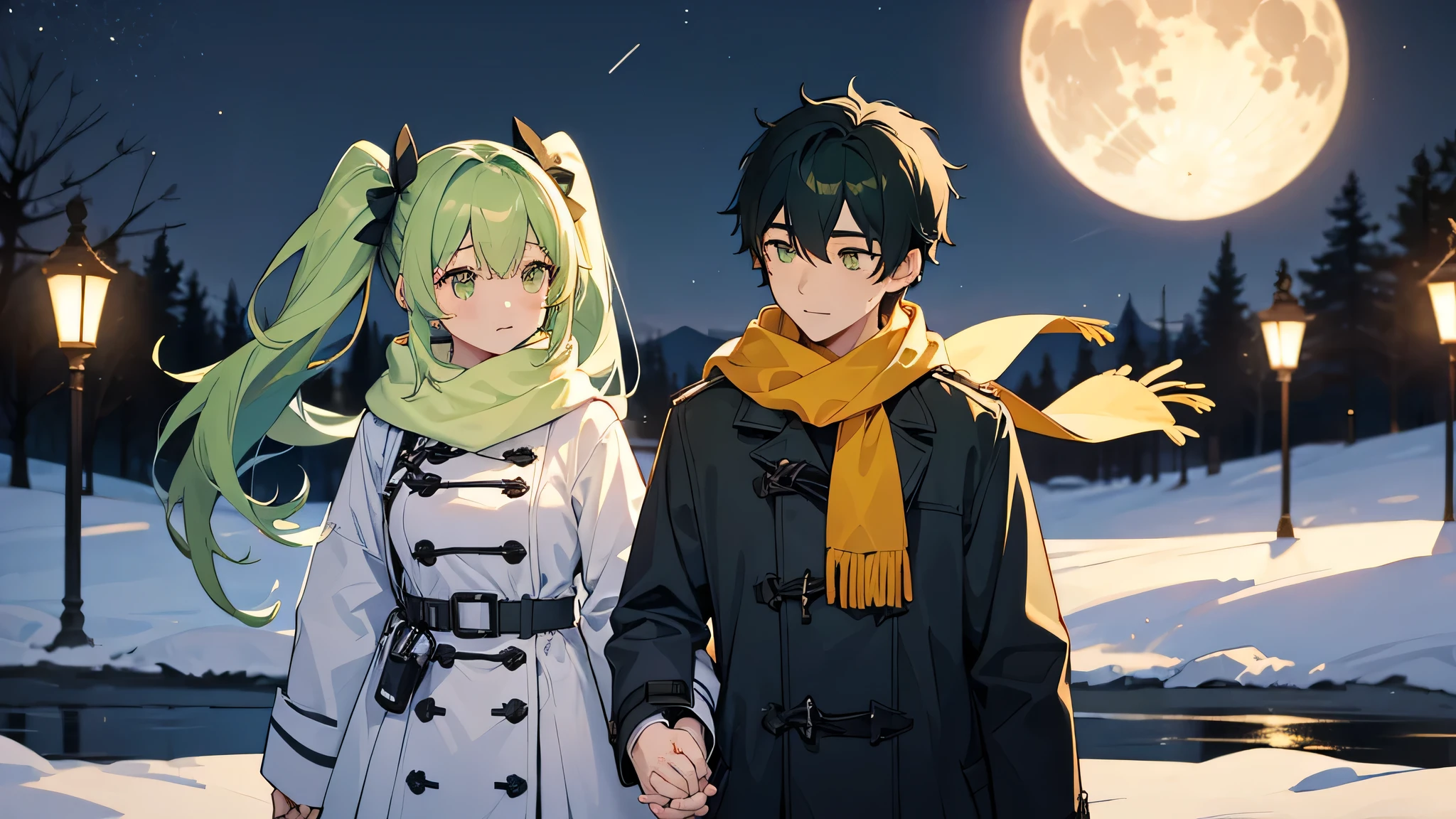 The background is the midwinter night sky、The huge full moon creates a fantastic atmosphere.。A couple, a man and a woman, walking together holding hands and intertwining their fingers２shot。The woman has cute yellow-green hair in twin tails.、She is wearing a cute coat and scarf。The man is a handsome man with short black hair.、Wearing a duffle coat。They both look at each other a little sadly.。