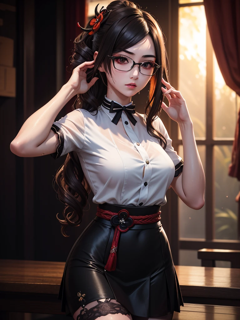 a beautiful girl with long hair, glasses, and a wet short white shirt and black skirt, hands raised, (Chiori, Genshin Impact), highly detailed, photorealistic, 8k, HDR, studio lighting, vivid colors, dramatic lighting, elegance, mystique, sensual. RGB. 32kK UHD.