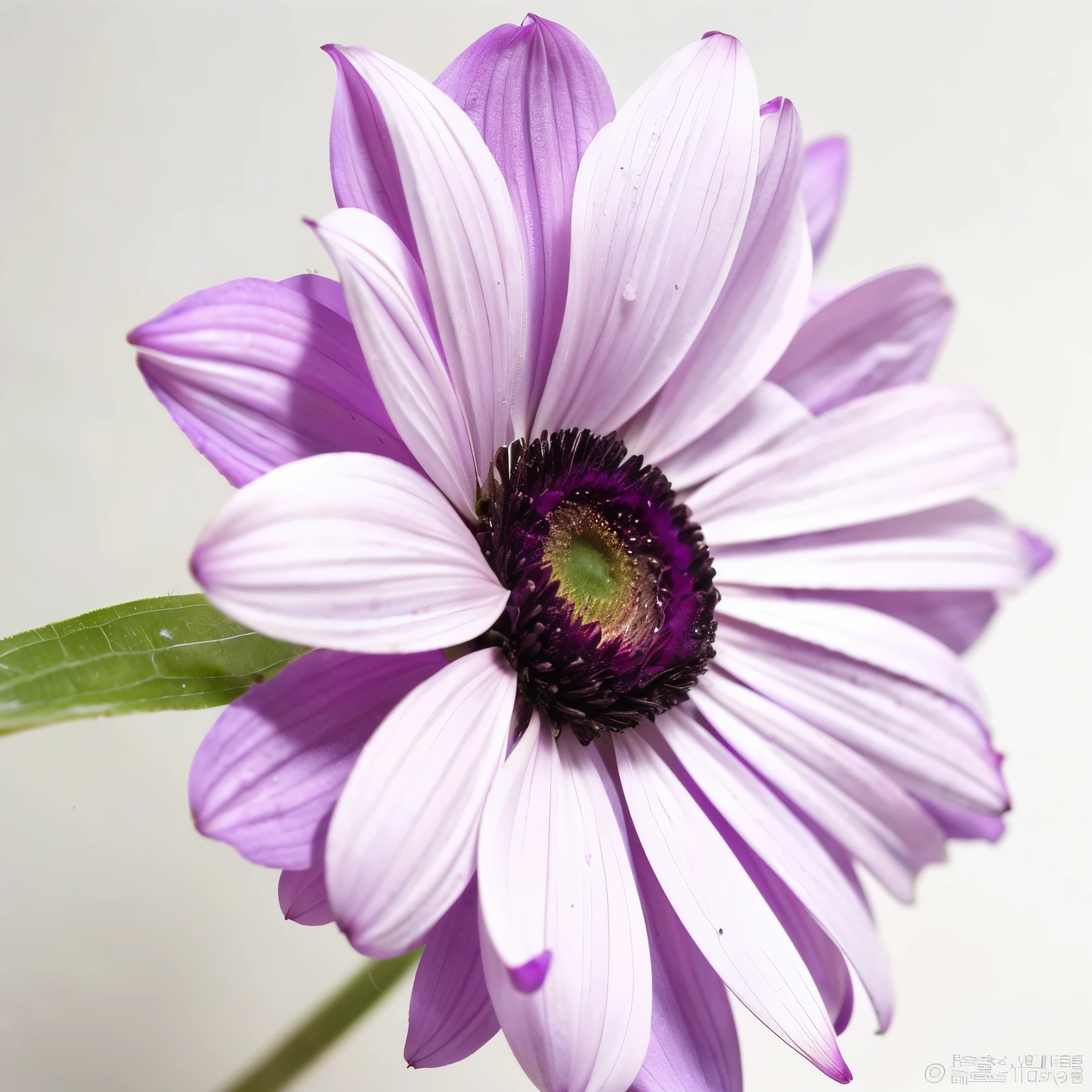 Top view purple gerbera flower with dew drops and burnt upper right edge of petals, White background