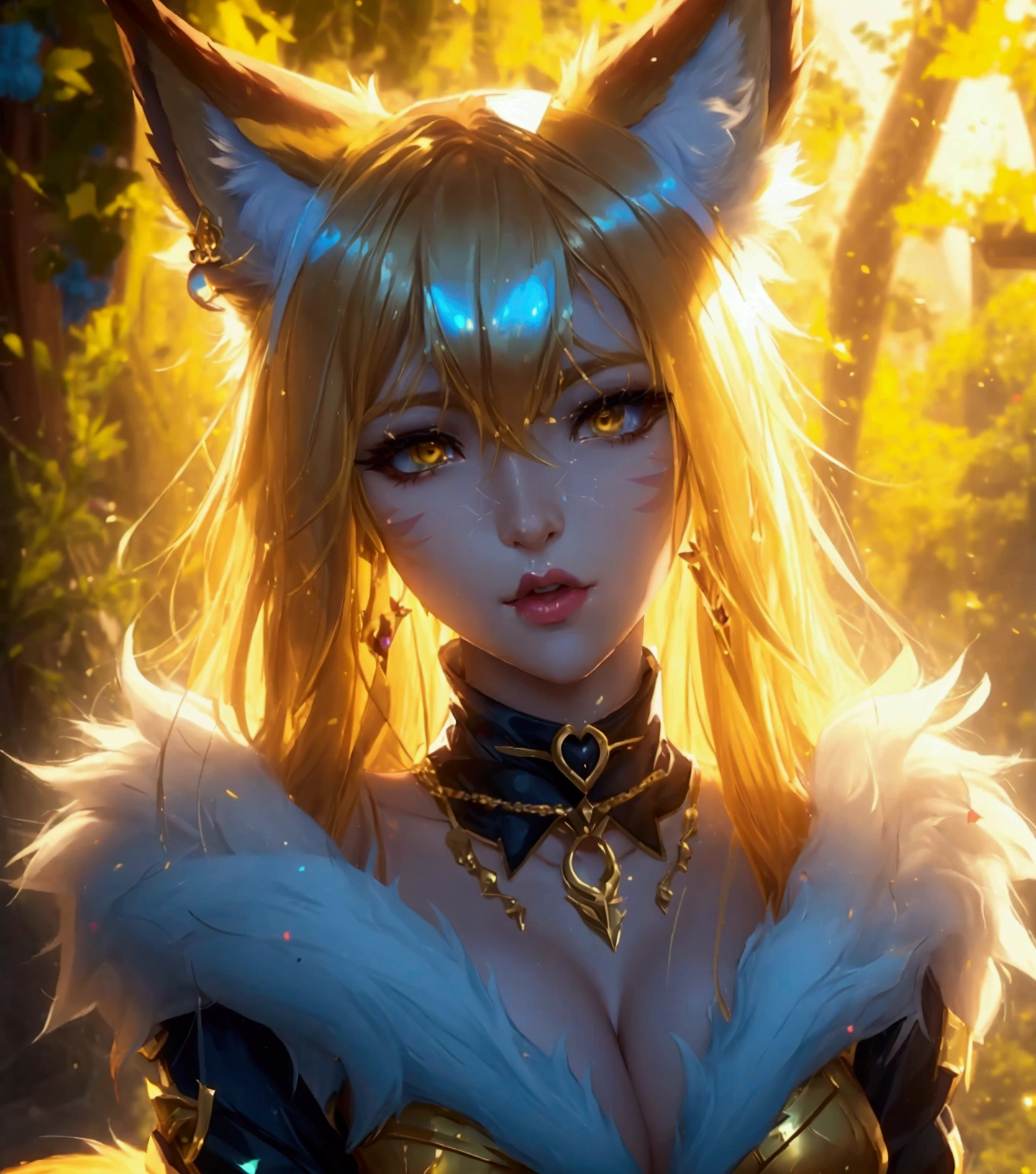 k/da_ahri, 1girl, ahri (league of legends), breasts, animal ears, blonde hair, solo, fox ears, k/da (league of legends), long hair, cleavage, tail, whisker markings, looking at viewer, facial mark, choker, large breasts, bare shoulders, fox tail, jewelry, yellow eyes, upper body, multiple tails, bangs, shiny, collarbone, covered navel, earrings