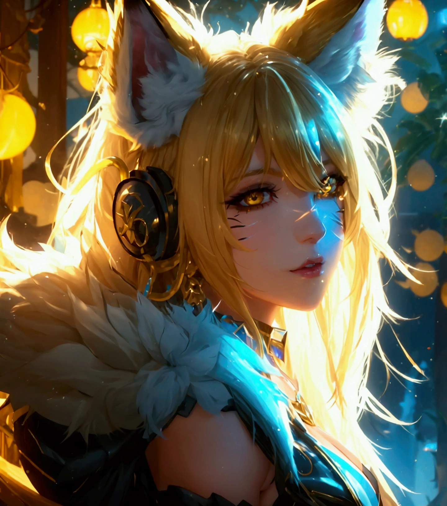 k/da_ahri, 1girl, ahri (league of legends), breasts, animal ears, blonde hair, solo, fox ears, k/da (league of legends), long hair, cleavage, tail, whisker markings, looking at viewer, facial mark, choker, large breasts, bare shoulders, fox tail, jewelry, yellow eyes, upper body, multiple tails, bangs, shiny, collarbone, covered navel, earrings