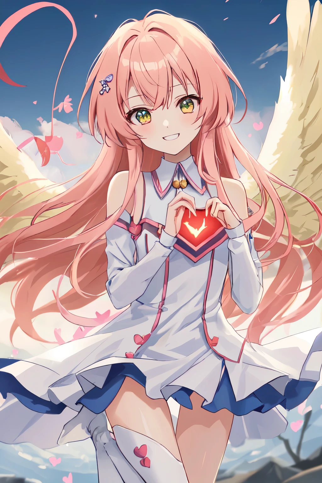 1_girl, (anime, kawai:2), (masterpeice, best_quality, clean:1.5), (sky_background:1.2), (cute, cute_smile, wholesome, young:2), (delicate, extremely_delicate, beautiful, thin:1.5), (girlfriend, angel:2), (green_eyes, simple_eyes:1.8) (long_hair, blond_hair:1.8), (combat:1.2), (wearing_pink_dress, pink_angel_wings:1.6), (combat:1.2), extremely_delicate, (love_magic:1.5), (age_size_fits_body), (small_thighs:1.3), (breasts), (eye_level:1.3), (heart_magic, love:1.8), (warm:1.8), (folded_legs:1.5), (cheerful:1.3)