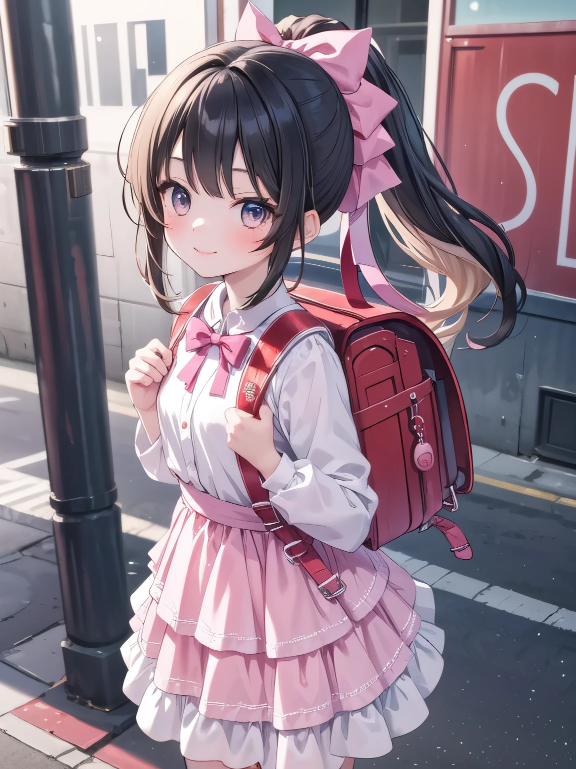 Masterpiece, hd, realistic, black hair, asian girl, ponytail, hair ribbon, 18 y.o, 1girl wearing a pink idol dress (idol dress) layered skirt, frills, ribbon, bow, sequins, smile, (Blonde hair), outdoor, ponytail, standing, outdoor, wearing school backpack, (red backpack:1.2)