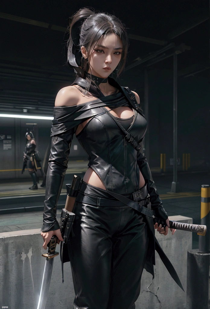 masterpiece, ultra high res, photorealistic, a assassin Girl, wear off shoulder black leather suit, holding a katana samurai sword, standing behind a concrete pole in subway train station, dynamic pose, low light, shadow effect, photorealism