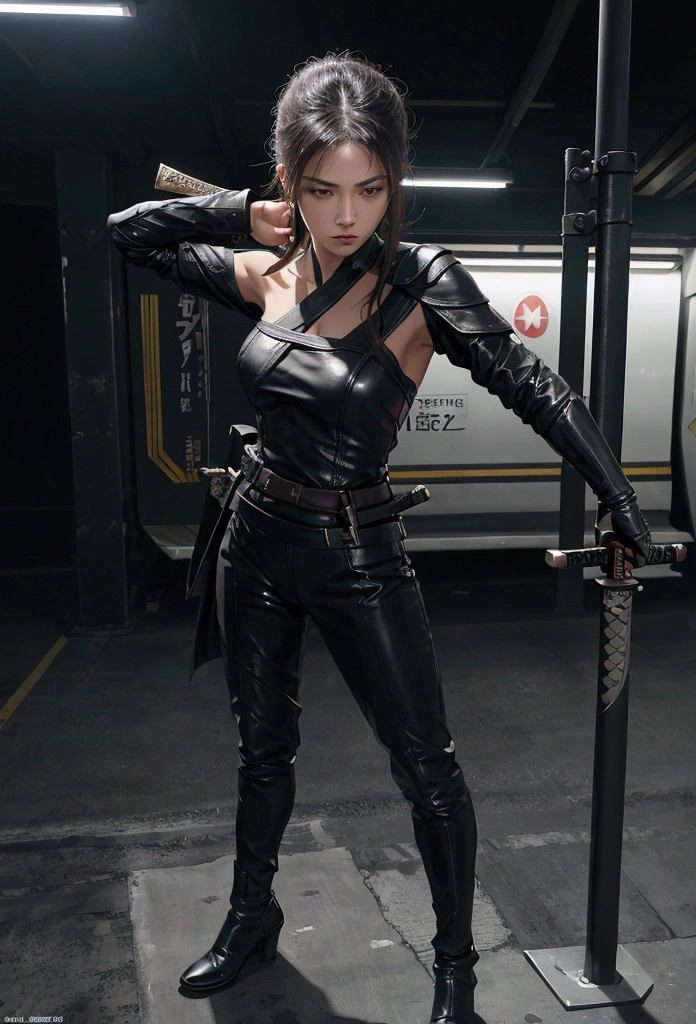 masterpiece, ultra high res, photorealistic, a assassin Girl, wear off shoulder black leather suit, holding a katana samurai sword, standing behind a concrete pole in subway train station, dynamic pose, low light, shadow effect, photorealism