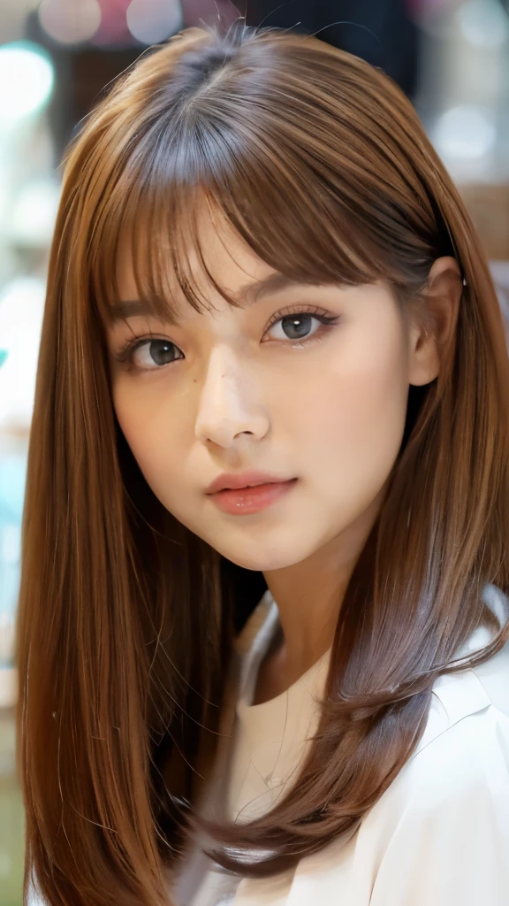 Best quality, 8k, ,Masterpiece :1.3)), facing viewer,((full body1.2)) ,pretty woman, wide shot ,1girl, , selfie , , Hair salon, brown hair , bangs,ultra-detailed face, highly detailed lips, detailed eyes, double eyelid