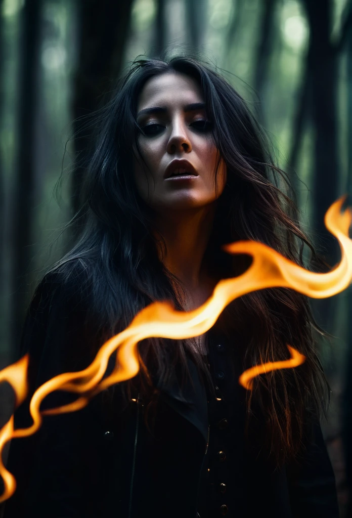 A melancholic female vocalist performing doom metal in a dark and atmospheric forest, with flickering flames, detailed portrait, hyper realistic, dramatic lighting, cinematic composition, deep shadows, glowing eyes, dramatic expression, long hair flowing, black clothing, moody colors, cinematic rendering, digital art