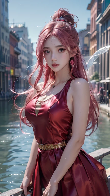 (logo、masterpiece、8k、Tabletop、RAW Photos、wonderful、最high quality、Photorealistic and very detailed CG synthesis 8k wallpaper、high quality、Very detailed、Narrative poem、Particle Effects、Dynamic Effects、Depth of text、Cinematic Light、Lens flare、Ray Tracing）、Fantasy、（One girl, arms, sword, Long Hair, dress, water, alone, jewelry, red dress, Earrings, hair ornaments, Water splash, Ultra-realistic upper body, Hair Bun, Pink Hair, Realistic city background, Lighting,Frank