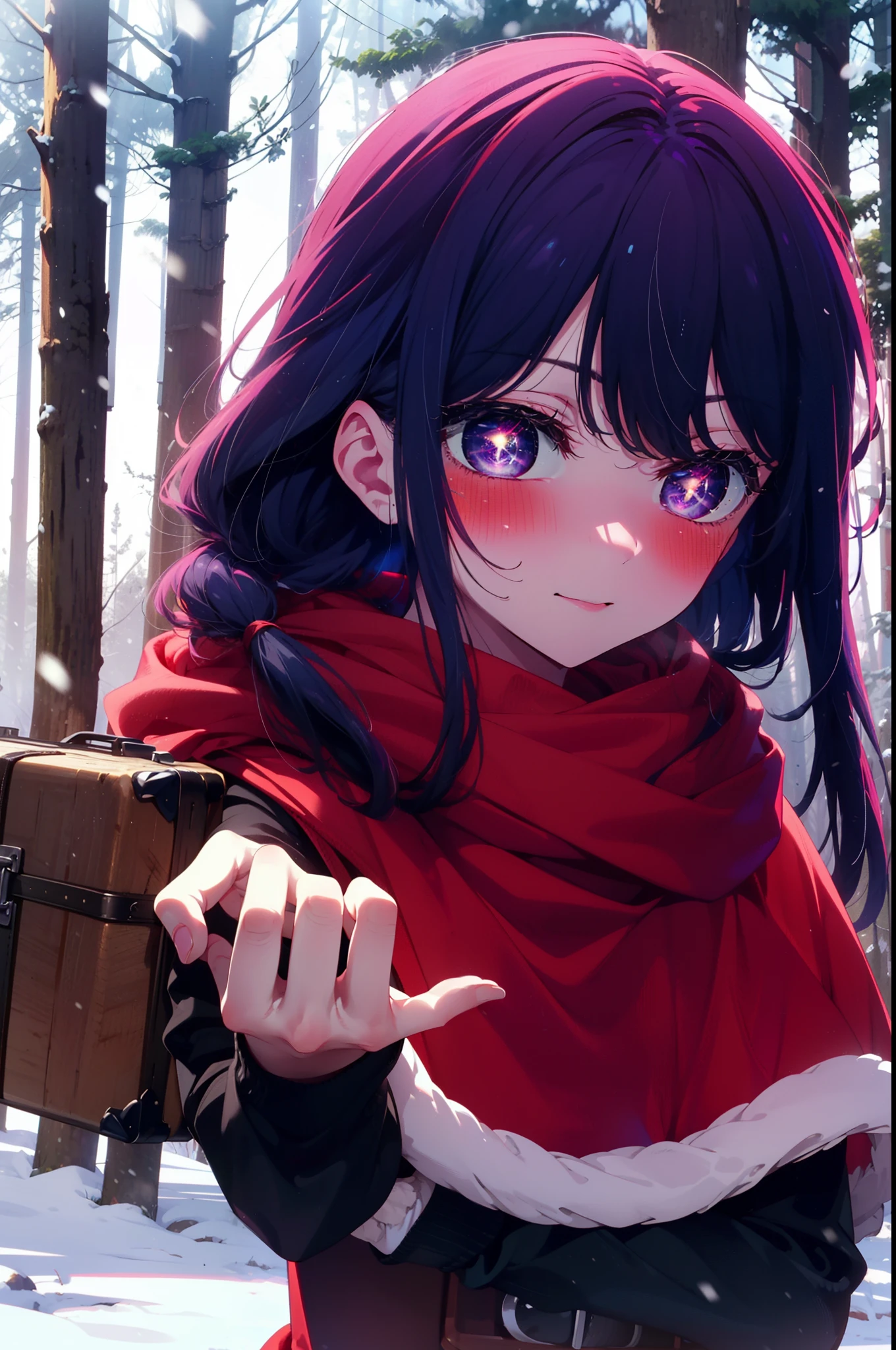 aihoshino, Ai Hoshino, Long Hair, bangs, (Purple eyes:1.1), Purple Hair, (Symbol-shaped pupil:1.5), smile,,smile,blush,white breath,
Open your mouth,snow,Ground bonfire, Outdoor, boots, snowing, From the side, wood, suitcase, Cape, Blurred, , forest, White handbag, nature, Squat, Mouth closed, Cape, winter, Written boundary depth, Black shoes, red Cape break looking at viewer, Upper Body, whole body, break Outdoor, forest, nature, break (masterpiece:1.2), Highest quality, High resolution, unity 8k wallpaper, (shape:0.8), (Beautiful and beautiful eyes:1.6), Highly detailed face, Perfect lighting, Extremely detailed CG, (Perfect hands, Perfect Anatomy),