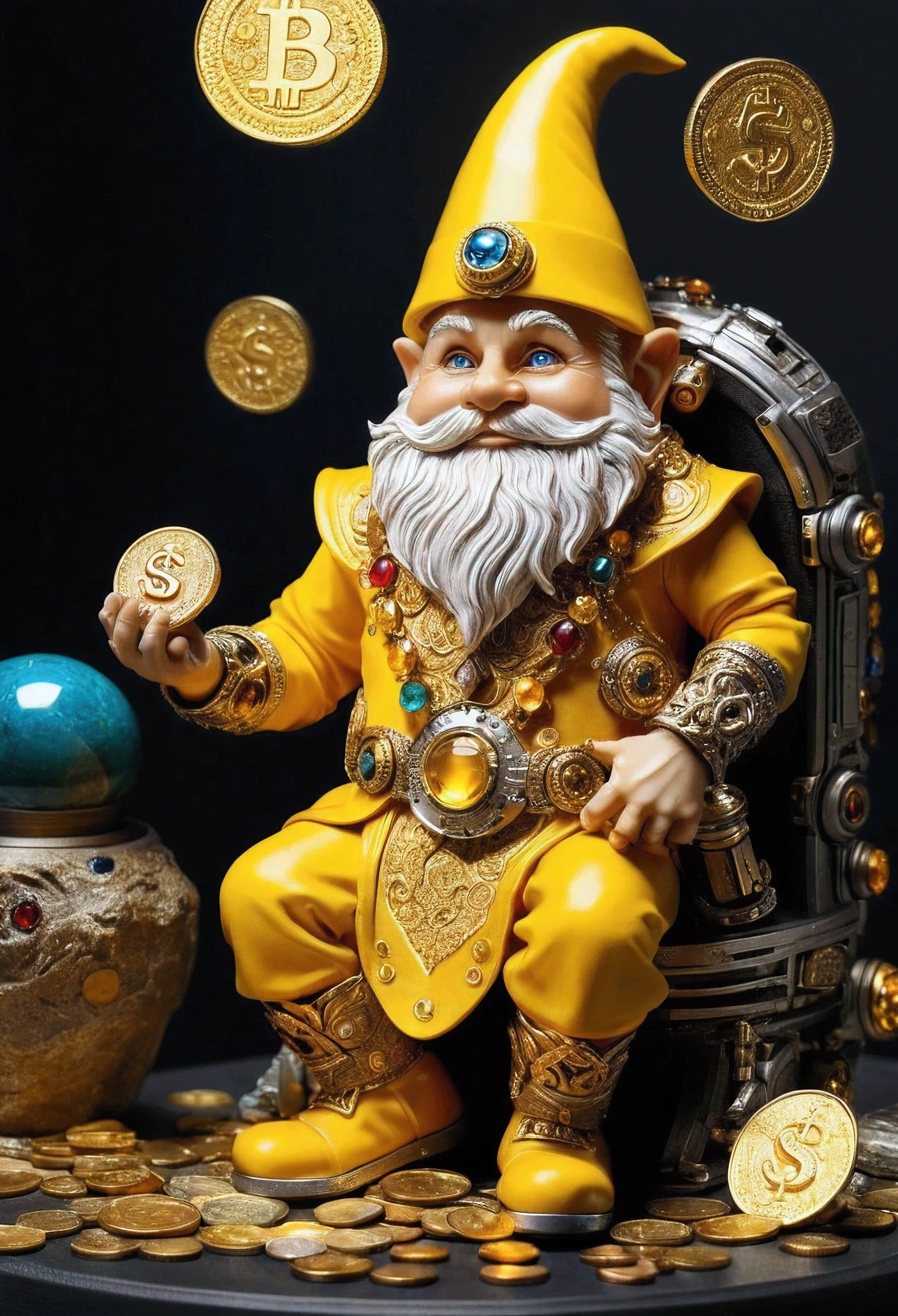 A sun gnome, wearing detailed yellow clothes,he has a robotic arm and eye and is in a room full of gold coins and precious stones,he has many riches. Extremely detailed photo quality image in superior and realistic quality