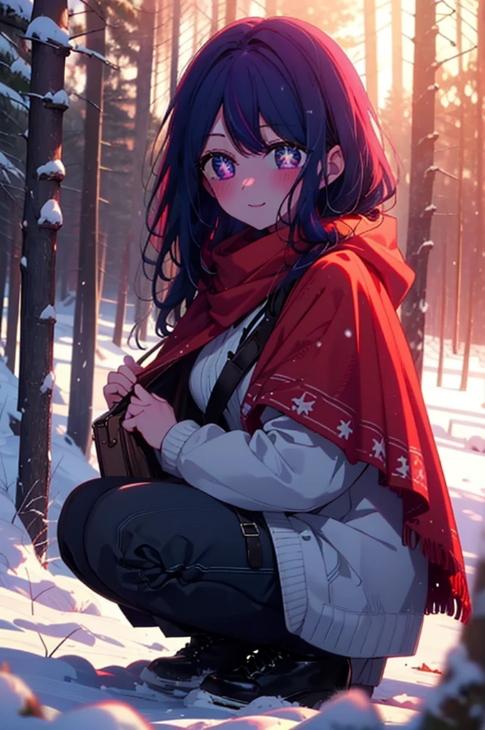 aihoshino, Ai Hoshino, Long Hair, bangs, (Purple eyes:1.1), Purple Hair, (Symbol-shaped pupil:1.5), smile,,smile,blush,white breath,
Open your mouth,snow,Ground bonfire, Outdoor, boots, snowing, From the side, wood, suitcase, Cape, Blurred, , forest, White handbag, nature, Squat, Mouth closed, Cape, winter, Written boundary depth, Black shoes, red Cape break looking at viewer, Upper Body, whole body, break Outdoor, forest, nature, break (masterpiece:1.2), Highest quality, High resolution, unity 8k wallpaper, (shape:0.8), (Beautiful and beautiful eyes:1.6), Highly detailed face, Perfect lighting, Extremely detailed CG, (Perfect hands, Perfect Anatomy),